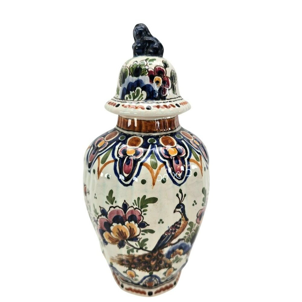 Hand-Painted Delft Ceramic Ginger Jar With Lid & Floral Peacock Design je132